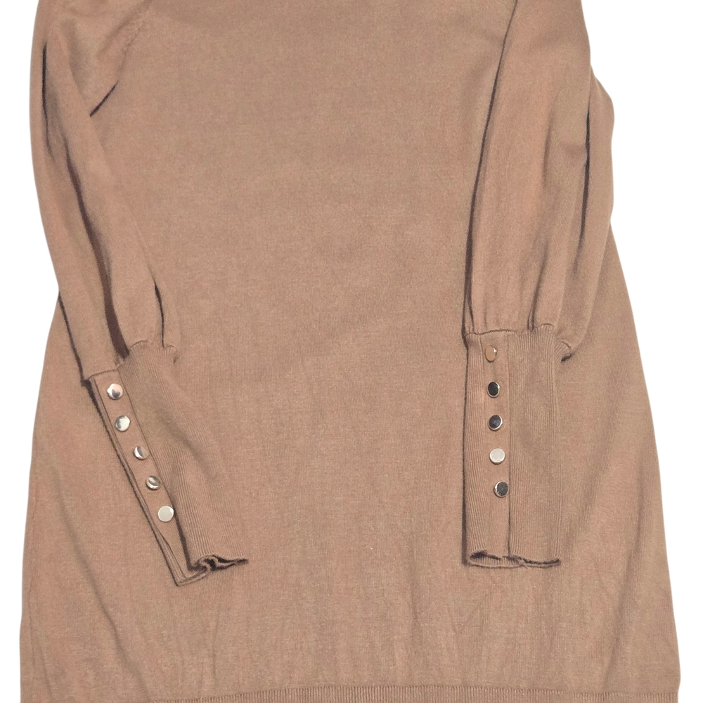 Melanie Lyne Camel Turtleneck Sweater Knit Dress  Gold Button Cuff Size Small - Picture 6 of 8